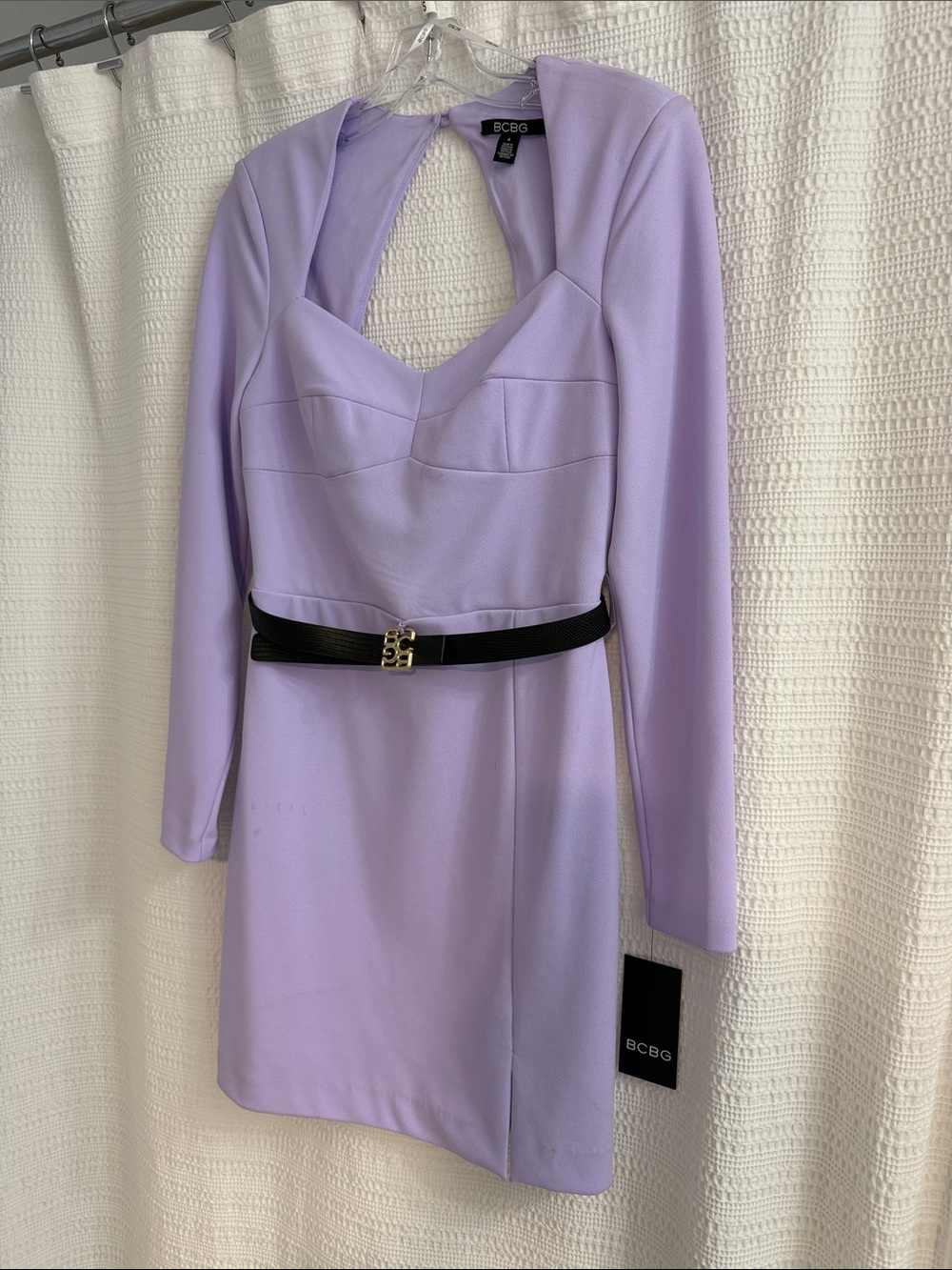 BCBG Lilac Long-Sleeve Cutout Mini Dress with Black Belt